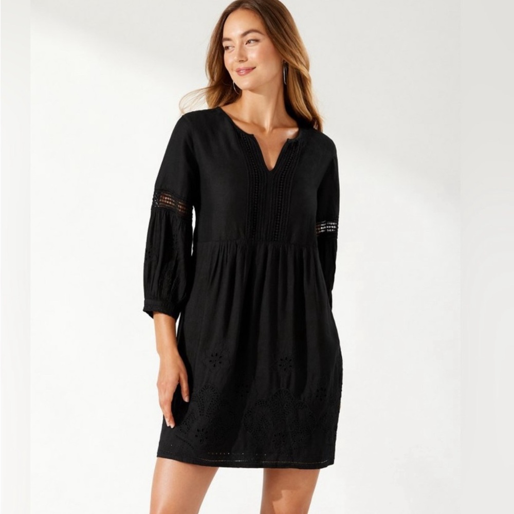 Tommy Bahama St.Lucia Linen Blend Soft Black Eyelet Dress- Small